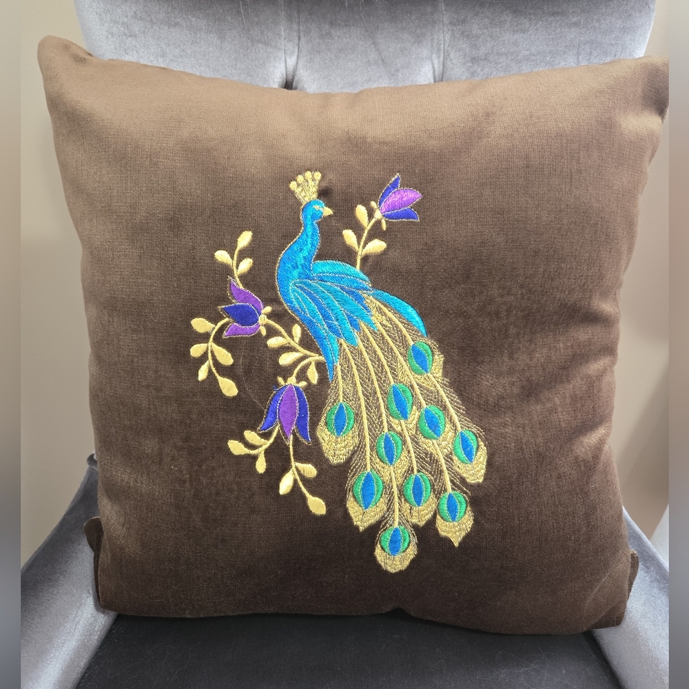 Embroidered Peacock Brown Cushion Cover